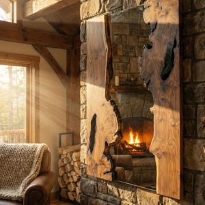 May include: A large, rectangular mirror with a live edge wooden frame is mounted on a stone wall. The mirror reflects a fireplace with a burning fire. The wood frame has a natural, organic shape and a warm, brown color.