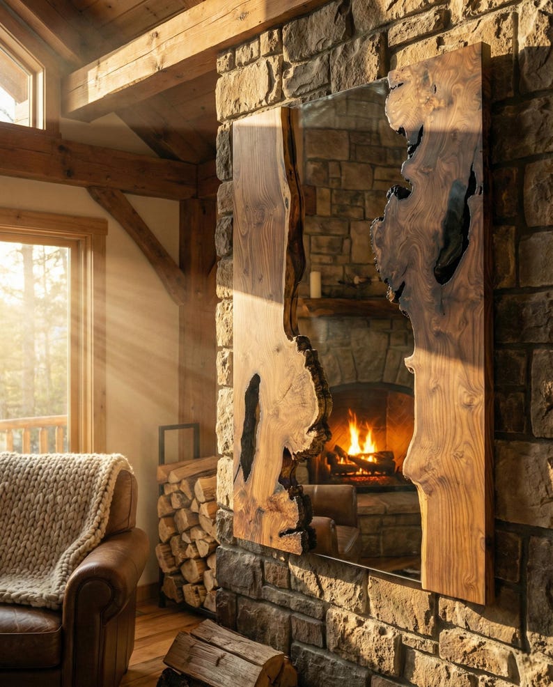 May include: A large, rectangular mirror with a live edge wooden frame is mounted on a stone wall. The mirror reflects a fireplace with a burning fire. The wood frame has a natural, organic shape and a warm, brown color.