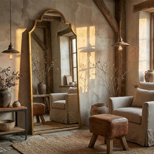 Puede incluir: Un espejo alto con marco dorado y parte superior arqueada se encuentra en una habitaci&oacute;n r&uacute;stica. El espejo refleja el interior de la habitaci&oacute;n, incluyendo dos sillones beige, un otom&aacute;n de cuero y jarrones decorativos. La habitaci&oacute;n tiene un ambiente c&aacute;lido y acogedor.