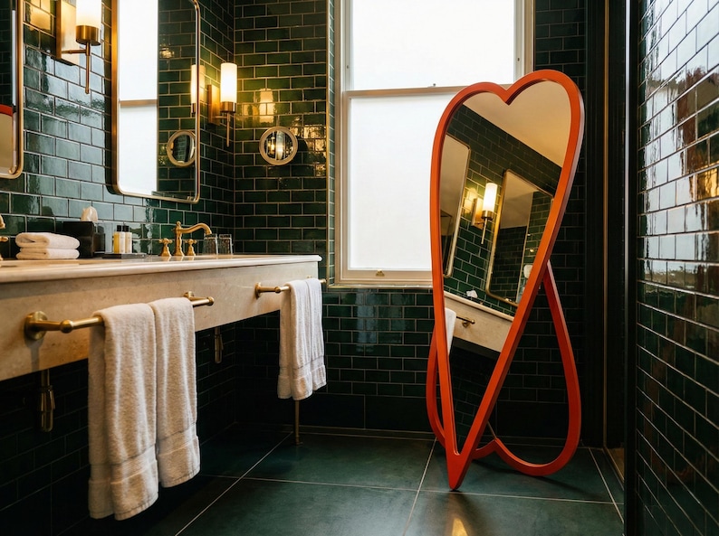 May include: A bathroom with dark green tile walls and a matching floor. A large, orange, heart-shaped mirror stands against the wall. A white countertop with gold fixtures and a window are also visible.
