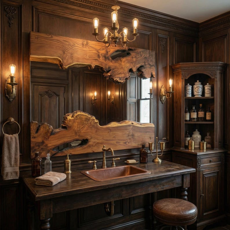 May include: A rustic bathroom with dark wood paneling and a live-edge wooden mirror. A copper sink sits on a wooden vanity with brass fixtures. A small cabinet displays bottles and jars. A leather stool is in front of the vanity.
