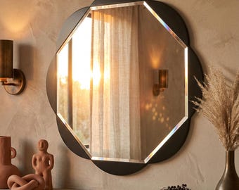 Scalloped Flower Wall Mirror: Beveled Glass Wavy Edge Symmetrical Outline Statement Hanging Geometric Decor