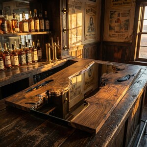 May include: A custom-built wooden bar with a live edge design. The bar features a dark, rich wood tone with a glass insert. The bar is set in a rustic-themed room with bottles of liquor on display and vintage posters.