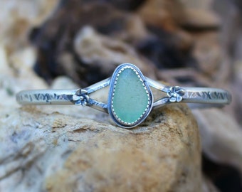 Hawaiian Seafoam Beach Glass set in Sterling Silver with Plumeria Flowers Completely Adjustable Cuff Bracelet