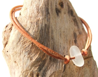 Hawaiian Clear Beach Glass on India Leather Cord Completely Adjustable & Stackable Bracelet