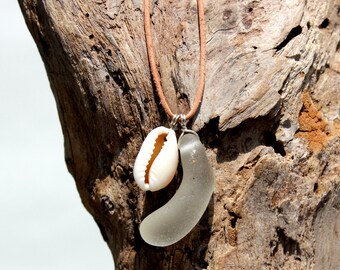 Hawaiian Unique Clear Beach Glass & Hawaiian Cowry Shell Wire Wrapped in 925 Sterling Silver on India Leather Necklace