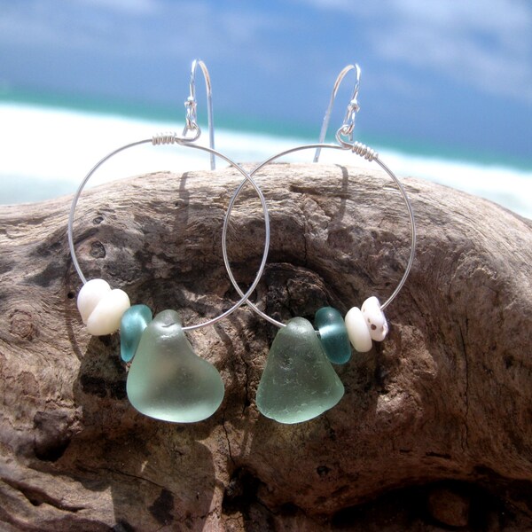 Hawaiian Light Aqua & Dark Aqua Beach Glass with Authentic Puka Shells on 925 Sterling Silver Circular Wire Small Hoop Earrings