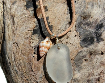 Hawaiian Clear Beach Glass & Tidal Snail Shell Wire Wrapped in 925 Sterling Silver on India Leather Necklace