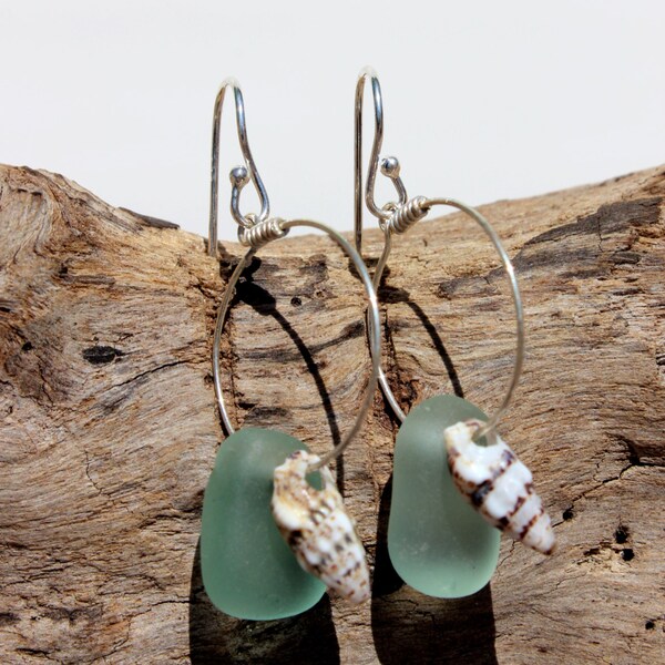 Hawaiian Aqua Blue Beach Glass with Matching Small Hawaiian Tidal Shells on 925 Sterling Silver Circular Wire Small Hoop Earrings