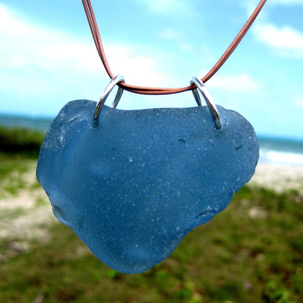 Hawaiian Gorgeous & Very Rare, Large, Cornflower Blue Beach Glass on Leather Cord, completely adjustable, Necklace