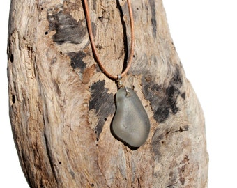 Hawaiian Rare Grey Beach Glass Wire Wrapped in 925 Sterling Silver on India Leather Necklace