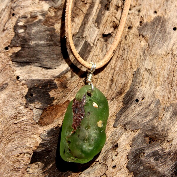 Hawaiian Emerald Green Bonfire Beach Glass Wire Wrapped in 925 Sterling Silver on India Leather Necklace