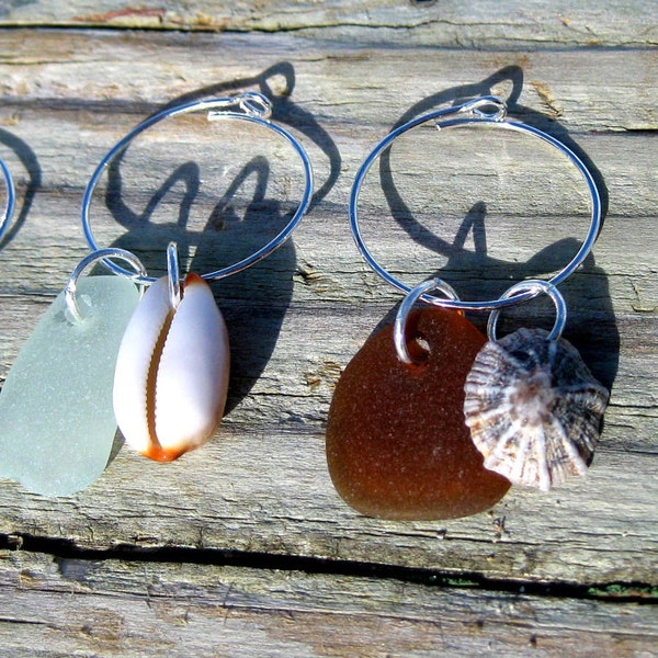 Hawaiian Multi-Color Beach Glass and Shell Wine Glass Charms Markers (Set of 4)