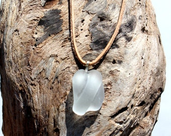 Hawaiian Clear Beach Glass Bottle Mouth Piece Wire Wrapped in 925 Sterling Silver on India Leather Necklace