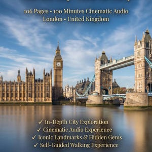 Könnte beinhalten: Werbebild für einen London-Reiseführer. Der Text auf dem Cover lautet "London Experience: Walk the City, Hear Its Story". Das Bild zeigt Big Ben, die Tower Bridge sowie goldene Kopfhörer und ein Smartphone auf einer Holzoberfläche.