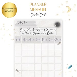 Peut inclure: Un planificateur mensuel imprimable sur le thème céleste. Le design présente un cercle doré avec le texte "TÉLÉCHARGEMENT INSTANTANÉ", et les mots "PLANNER MENSUEL Collection Celeste". Le planificateur comprend une grille de calendrier avec les jours de la semaine et de l'espace pour les notes.