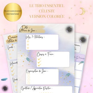 Peut inclure: Ensemble de pages de planificateur imprimables sur le thème céleste avec du texte en français. Les pages comportent des sections pour les intentions quotidiennes, les listes de tâches et les affirmations, avec une palette de couleurs pastel.