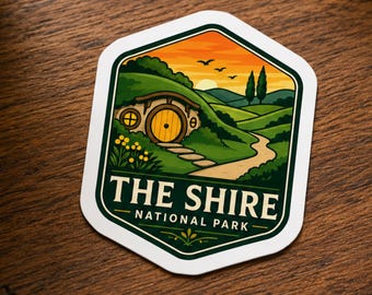 The Shire National Park Sticker, Vintage Hobbit Hole Vinyl Decal, Lord of the Rings Gift, LOTR Fantasy Travel Souvenir Laptop Sticker