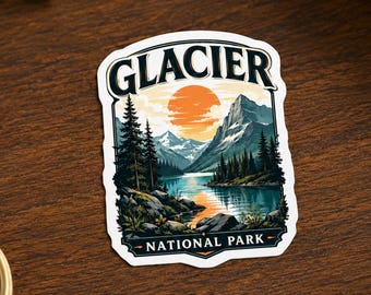 Glacier National Park Montana Sticker Vintage Nature Vinyl Decal, Laptop Water Bottle Sticker, Retro Mountain Lake Sunset Travel Souvenir