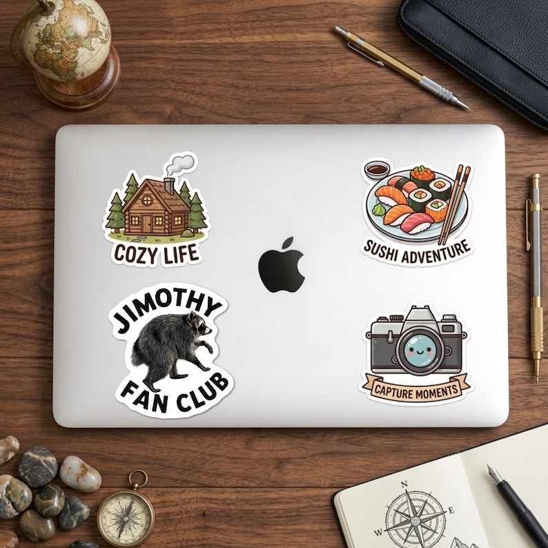 May include: Four vinyl stickers on a laptop: a log cabin with the text COZY LIFE, a sushi platter with the text SUSHI ADVENTURE, a raccoon with the text JIMOTHY FAN CLUB, and a camera with a smiling lens and the text CAPTURE MOMENTS.