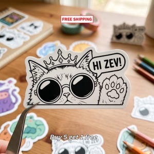 May include: A die-cut vinyl sticker featuring a black and white line art illustration of a cat wearing a crown and round sunglasses. The cat has one paw raised in a wave and a speech bubble containing the text HI ZEV! The sticker is held by tweezers.