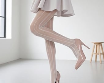Sheer White Striped Tights for Women, Elegant Vertical Pattern Pantyhose, Soft Stretch Hosiery for Ballet Wedding Party Outfit