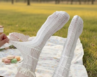 Cute Lolita Lace Knee High Socks, Soft Mesh Ruffle Trim Slouch Socks with Bow, Breathable Summer Vintage Sweet Style Stockings