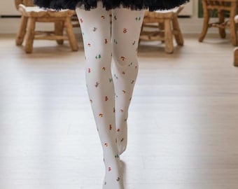 Fairy Tale Pattern White Tights for Girls, Cute Forest Animal Printed Pantyhose, Soft Stretch Kids Ballet Dress Up Hosiery