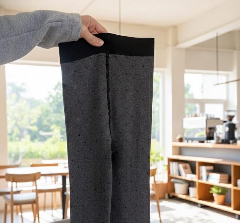 May include: Dark gray leggings with a black waistband and a dotted pattern are held up by a person. The leggings are made of a soft material and appear to be warm. The background is a bright room with wooden furniture.