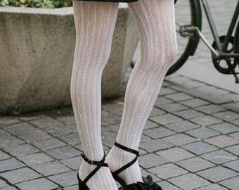 Vintage Lace Pattern Tights Women, Elegant Black White Textured Pantyhose, Soft Stretch Floral Knit Stockings for Daily Outfit