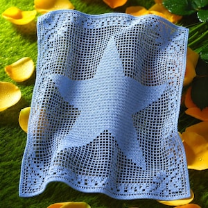 May include: A light blue crocheted blanket featuring a large star motif. The blanket has a square grid pattern and a decorative border. The blanket is displayed on green grass and surrounded by yellow flower petals.