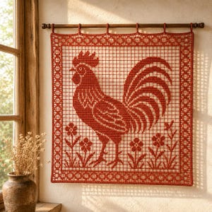 Peut inclure: Une tenture murale carrée en crochet présentant un motif de coq couleur rouille centré dans un quadrillage. Le design comprend de petits éléments floraux à la base et une bordure décorative, le tout suspendu à une tringle en bois sombre.