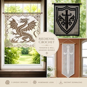 May include: A selection of medieval crochet window and wall hangings. Designs feature a dragon, a shield with a sword, and a sword. The text reads "Medieval Crochet Window & Wall Hanging Bundle". The hangings are displayed in front of a window.