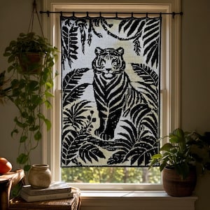 Filet Häkeln Tiger Vorhang Muster, Tropischer Dschungel-Wandbehang (PDF Download)