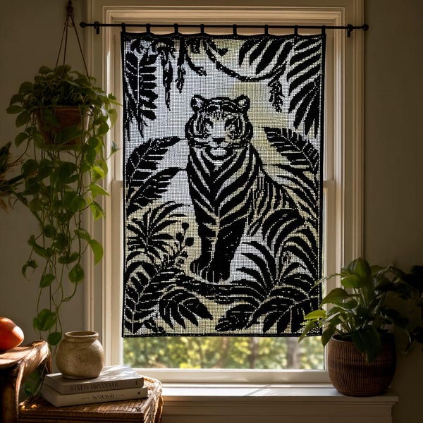 Filet Crochet Tiger Curtain Pattern, Tropical Jungle Wall Hanging (PDF Download)