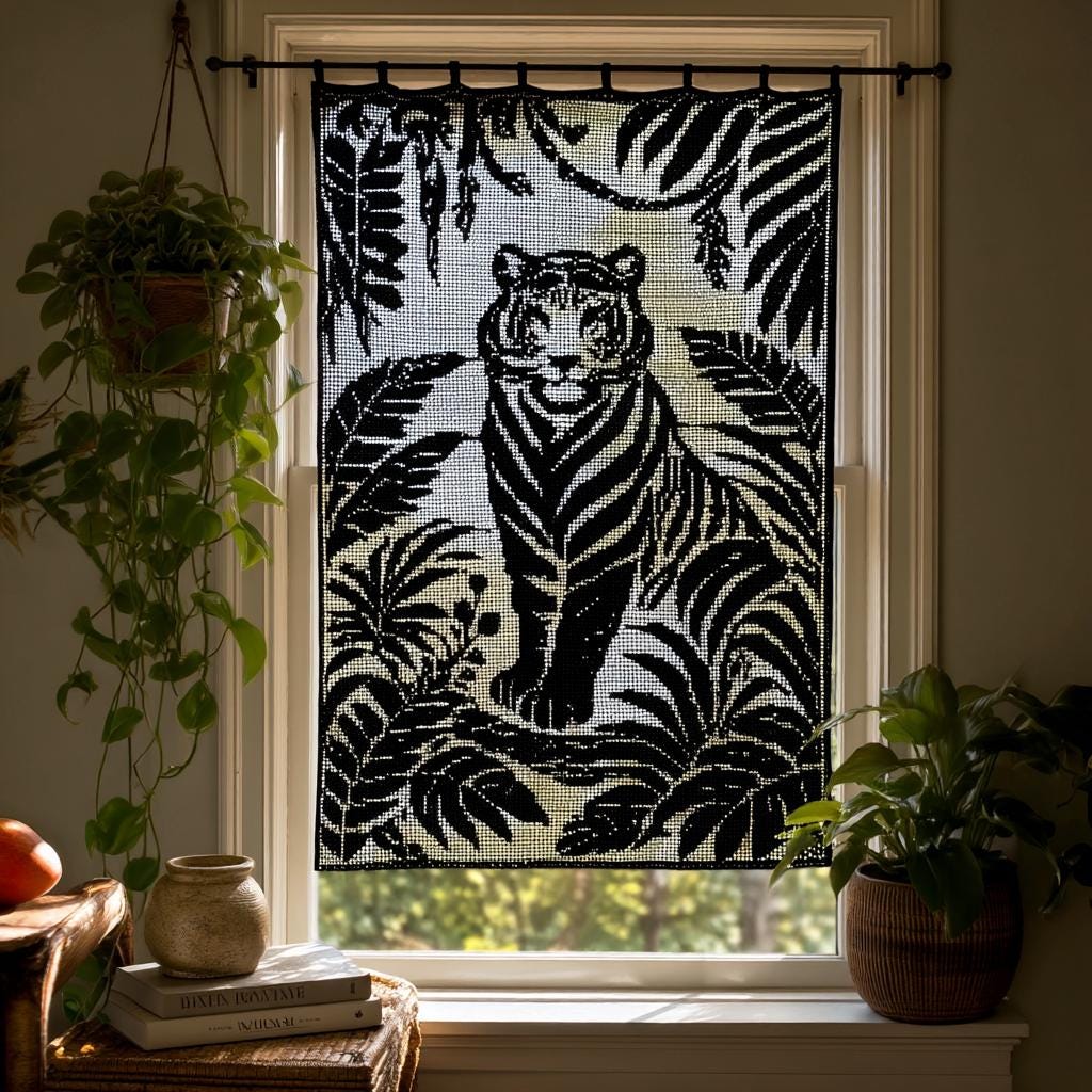 39 Beautiful Crochet Curtain Patterns to Dress Your Windows 28 Filet Crochet Tiger Curtain