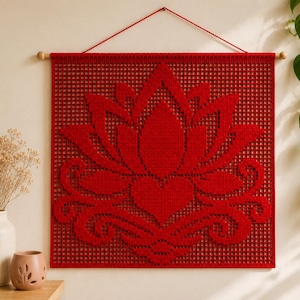Patrón de ganchillo filet Lotus, tapiz floral para pared, cuadrícula apta para principiantes (descarga en PDF)
