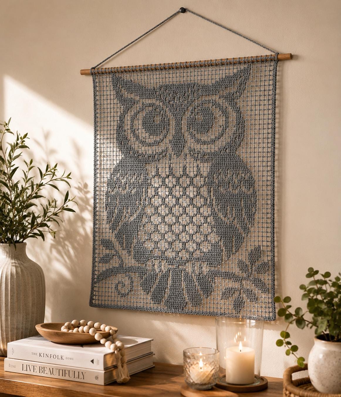 Filet Crochet Owl Pattern Chart, Animal Wall Hanging, Curtain Panel Design (PDF Download)