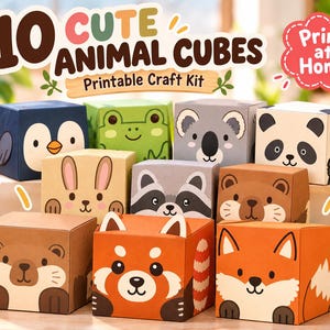 May include: A printable craft kit featuring 10 paper cubes with animal faces including a penguin, frog, koala, panda, rabbit, raccoon, otter, red panda, and fox. The text 10 CUTE ANIMAL CUBES and Print at Home is displayed on the graphic.