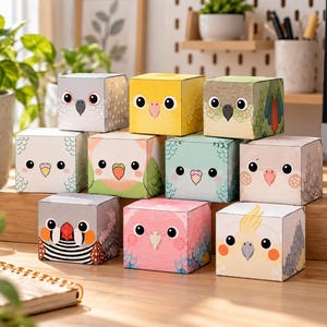 Pode incluir: Uma coleção de nove caixas de papel quadradas, cada uma com uma ilustração colorida de um rosto de pássaro diferente, incluindo calopsitas e periquitos com padrões e tons distintos como amarelo, rosa, cinza, verde e azul, empilhadas.