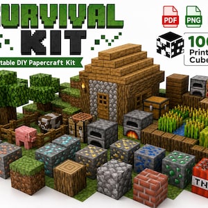 May include: A printable papercraft kit featuring over 100 pixelated cubes including a wooden house, farm crops, animals, and various resource blocks like diamond, gold, coal, and TNT. The text reads SURVIVAL KIT and Printable DIY Papercraft Kit.