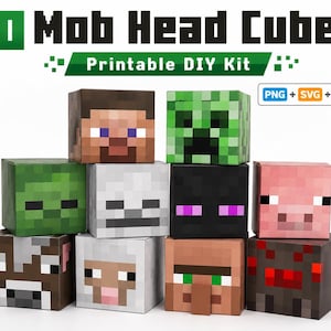 Puede incluir: Diez cubos de cabezas de mobs de Minecraft, cada uno con un diseño pixelado único. Los cubos incluyen personajes como Steve, un Creeper y un cerdo. El texto "10 Mob Head Cubes" y "Printable DIY Kit" se muestran en la parte superior.