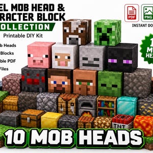 Puede incluir: Una colección digital de cabezas de criaturas y bloques de personajes en píxeles para imprimir, con diseños inspirados en Minecraft. El kit incluye 10 cabezas y más de 100 bloques, disponibles en archivos PDF y SVG para descarga inmediata.