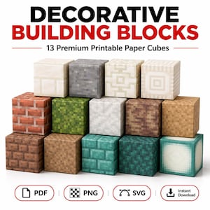 May include: Thirteen decorative building blocks presented as printable paper cubes. The cubes feature various pixelated textures including brick, stone, grass, wood, and geometric patterns. Text reads DECORATIVE BUILDING BLOCKS 13 Premium Printable Paper Cubes.