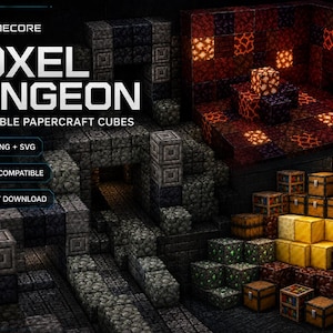 Puede incluir: Imagen digital de una mazmorra voxel con estructuras de bloques de piedra, elementos brillantes similares a la lava y cofres del tesoro. El texto de la imagen dice "VOXEL DUNGEON" y "36 Cubos de Papercraft Imprimibles".
