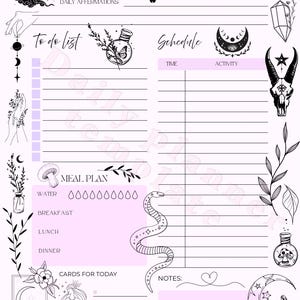 May include: A light pink daily planner with black illustrations and text. The planner includes sections for a to-do list, schedule, meal plan, and notes. Decorative elements include moons, stars, and botanical illustrations.