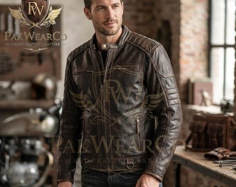 Handmade Mens Brown Leather Jacket Retro Cafe Racer Biker Style