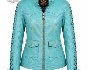 Women's Turquoise Leather Jacket Laced Sleeve Genuine Cowhide Fitted Coat Handmade