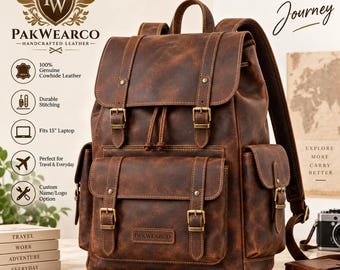 Personalized Leather Backpack, Genuine Cowhide, Mens Laptop Travel Work Bag, Vintage Everyday Carry
