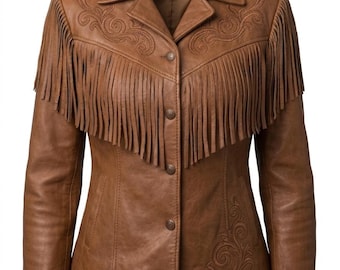 Chaqueta de cuero estilo western con flecos para mujer, abrigo de gamuza marrón, estilo bohemio, ideal para festivales y ocasiones especiales.